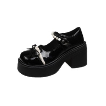 Mary Jane topánky v britskom štýle, guľatý nos, PU vrchná časť, gumová podrážka, 6–8 cm podpätok