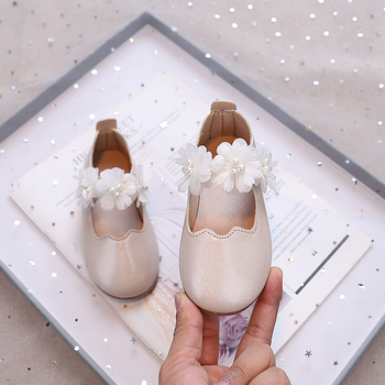 Lányos hercegnő cipő virágos gyöngy díszítéssel, domborított PU felsőrész, Velcro zárás, puha gumi talp, alacsony profilú