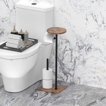 Padlóálló fa fürdőszobai tároló állvány vécépapír-hordozóval, WC-kefével és tárolóval telefon számára — csiszolt felület, modern minimalista stílus