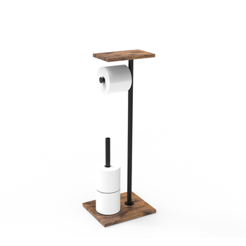 Padlóálló fa fürdőszobai tároló állvány vécépapír-hordozóval, WC-kefével és tárolóval telefon számára — csiszolt felület, modern minimalista stílus