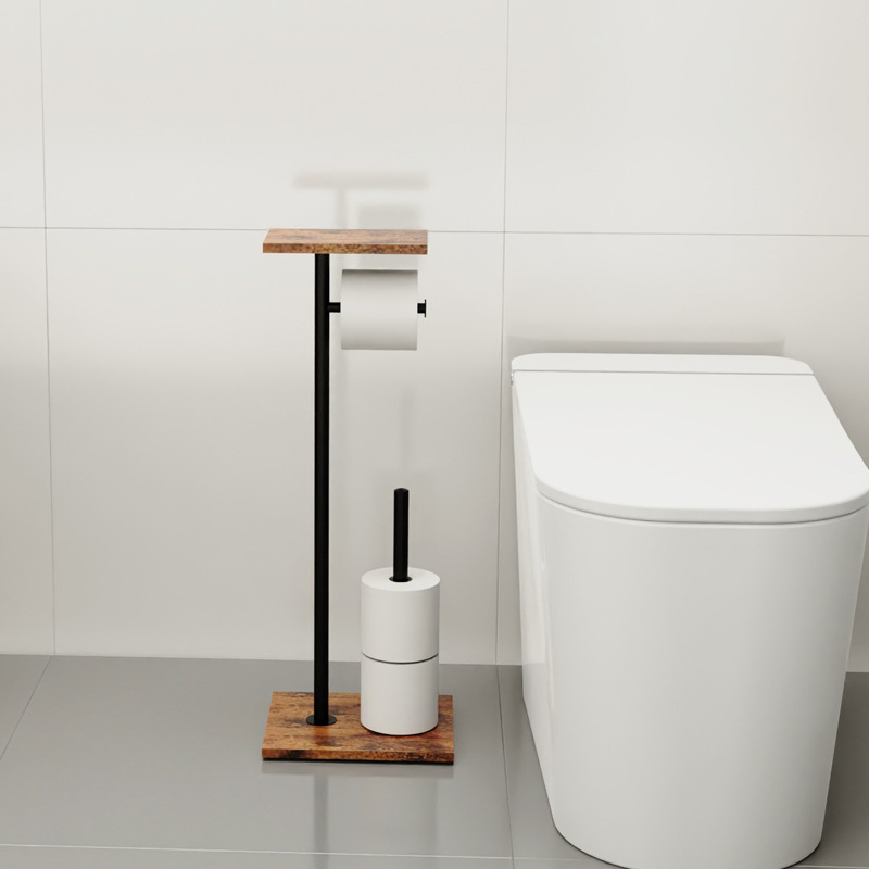 Padlóálló fa fürdőszobai tároló állvány vécépapír-hordozóval, WC-kefével és tárolóval telefon számára — csiszolt felület, modern minimalista stílus