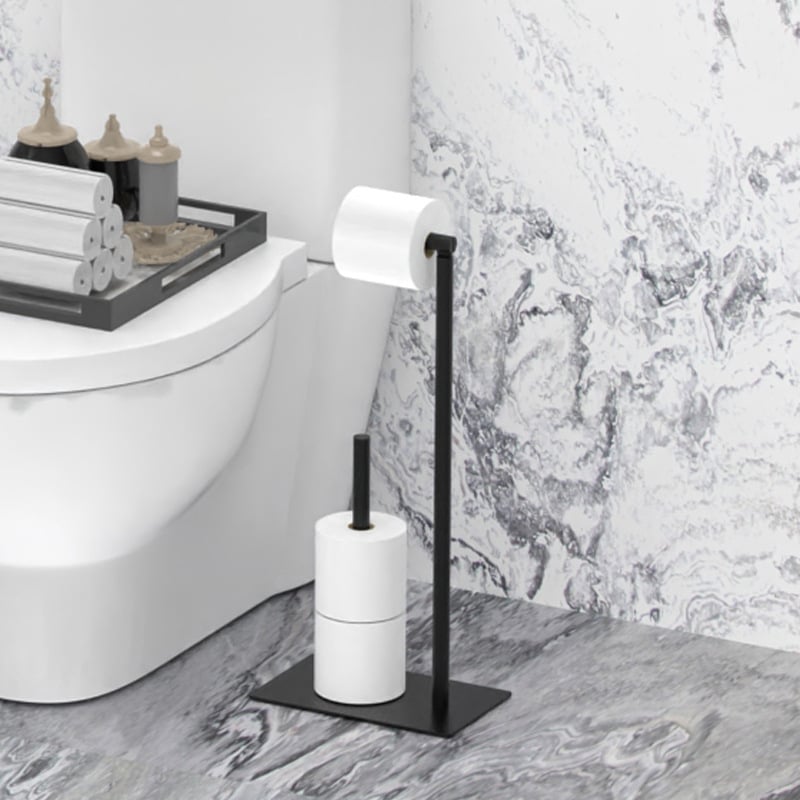 Padlóálló fa fürdőszobai tároló állvány vécépapír-hordozóval, WC-kefével és tárolóval telefon számára — csiszolt felület, modern minimalista stílus