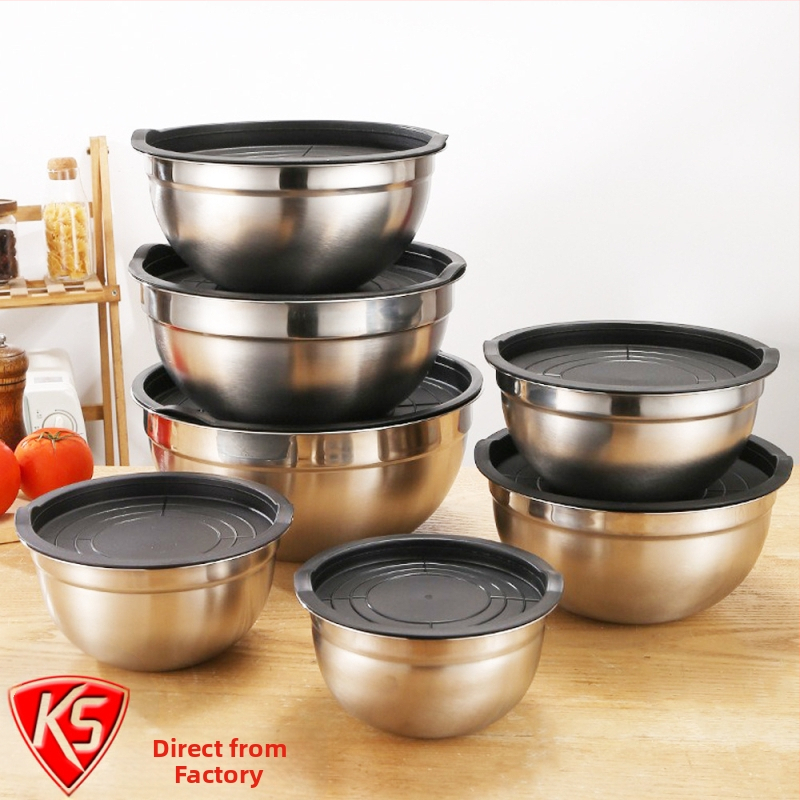 Nehrđava čelična zdjela za mućenje jaja s debelim poklopcem, protuklizna silikonska podloga, mjernom skala, otporna na visoke temperature za pečenje i salate