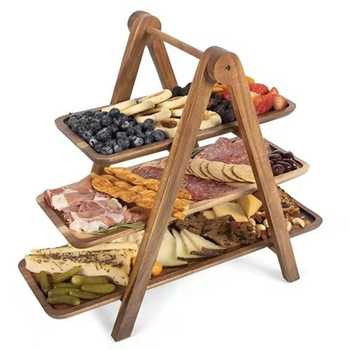 Trojúrovňový drevený stojan na servírovanie, skladací, z tungového a akáciového dreva