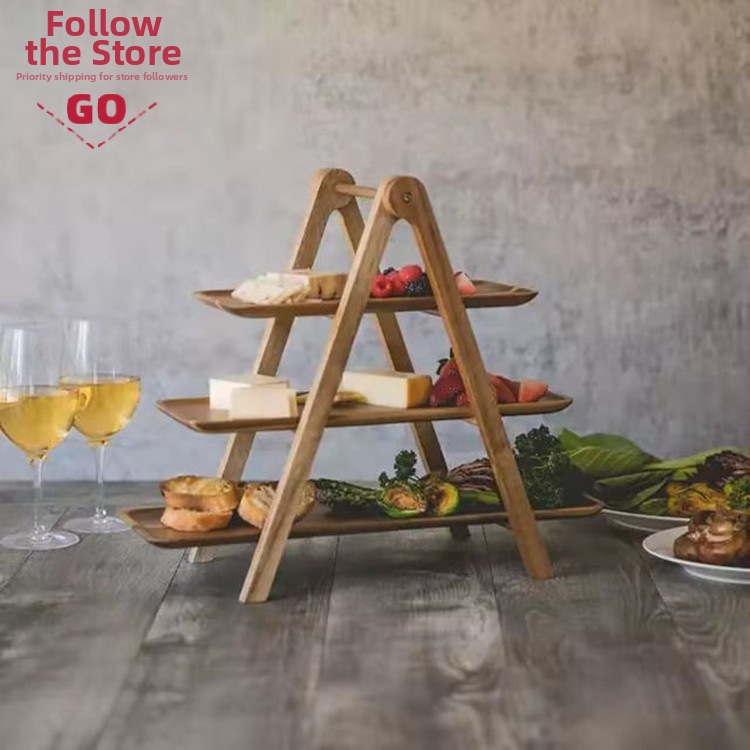Trojúrovňový drevený stojan na servírovanie, skladací, z tungového a akáciového dreva
