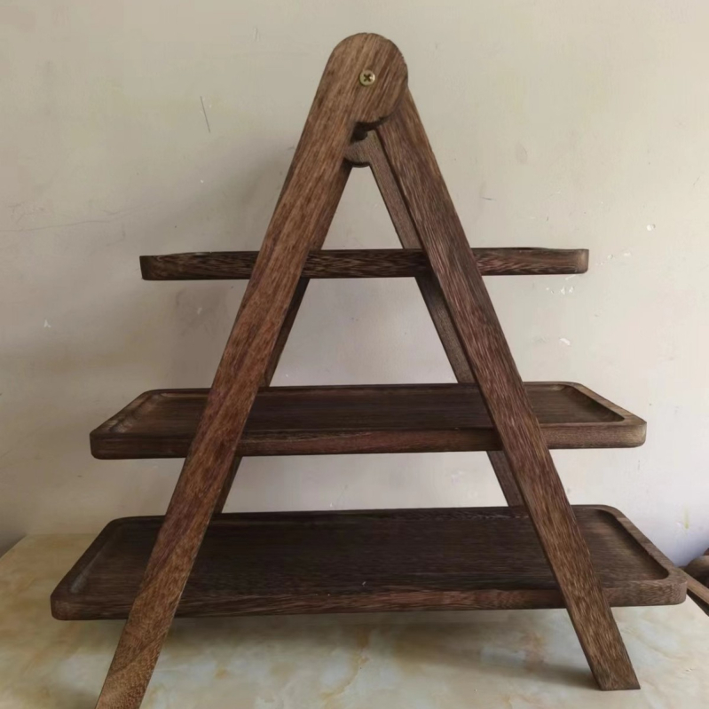 Trojúrovňový drevený stojan na servírovanie, skladací, z tungového a akáciového dreva