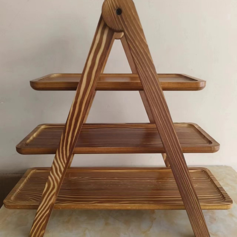 Trojúrovňový drevený stojan na servírovanie, skladací, z tungového a akáciového dreva