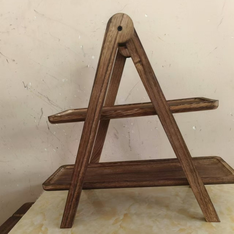 Trojúrovňový drevený stojan na servírovanie, skladací, z tungového a akáciového dreva