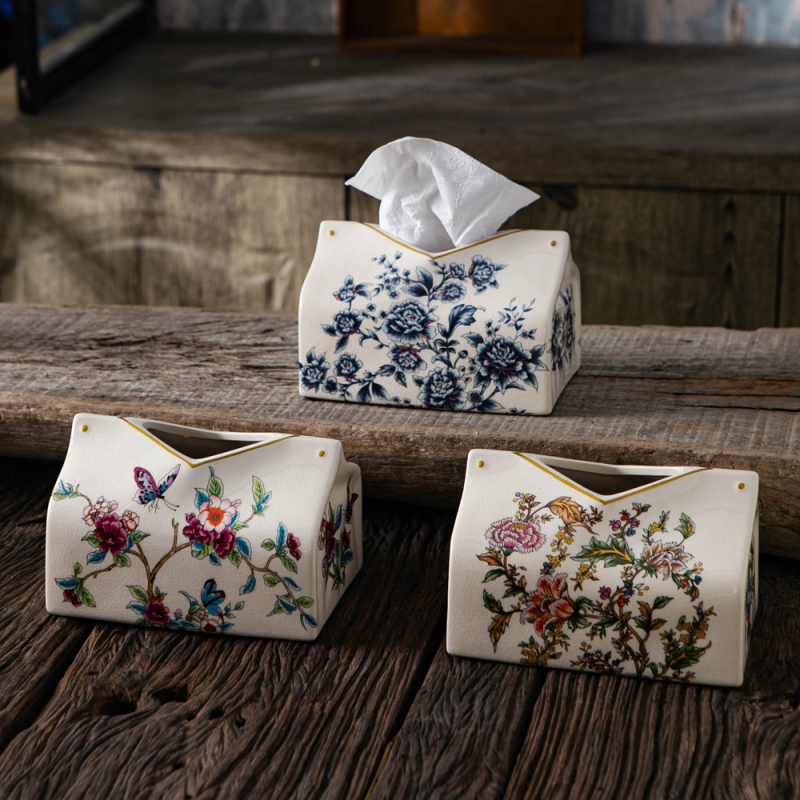 Keramická krabička na vreckovky, štýl nového čínskeho, model M056, na doske, viacúčelová, sada 12 kusov