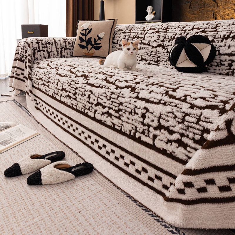 Husă universală pentru canapea, din fleece de bumbac, stil crem, design tip țesătură de protecție, modele: dungi, carouri, geometrice, grilă pătrată