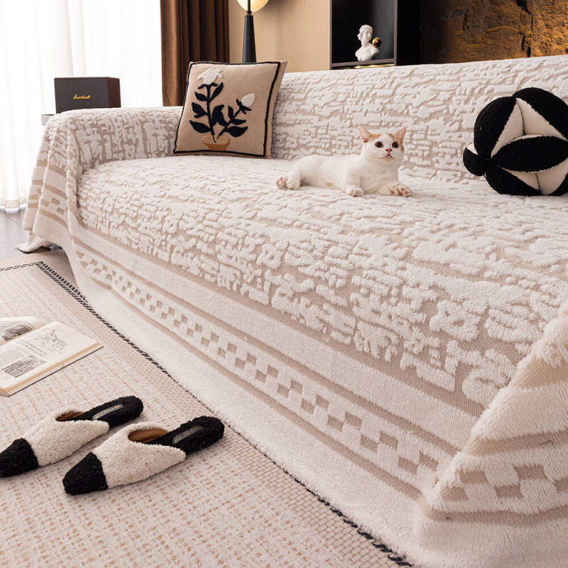Husă universală pentru canapea, din fleece de bumbac, stil crem, design tip țesătură de protecție, modele: dungi, carouri, geometrice, grilă pătrată
