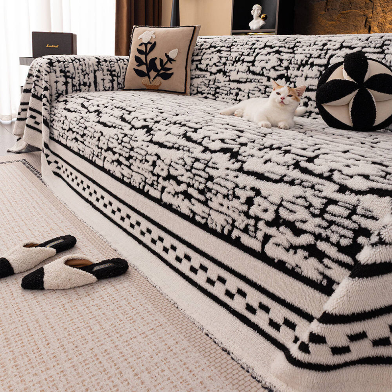 Husă universală pentru canapea, din fleece de bumbac, stil crem, design tip țesătură de protecție, modele: dungi, carouri, geometrice, grilă pătrată