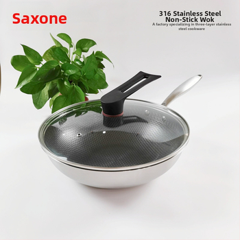 Wok z nehrdzavejúcej ocele 316 s trojvrstvovým dnom, povrch s textúrou medových buniek proti pripáleniu, sklenená pokrievka, 2,4 kg