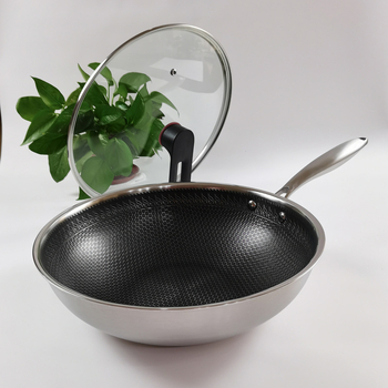 Wok z nehrdzavejúcej ocele 316 s trojvrstvovým dnom, povrch s textúrou medových buniek proti pripáleniu, sklenená pokrievka, 2,4 kg