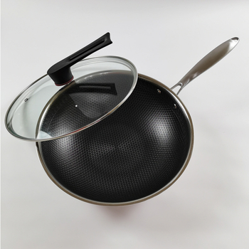 Wok z nehrdzavejúcej ocele 316 s trojvrstvovým dnom, povrch s textúrou medových buniek proti pripáleniu, sklenená pokrievka, 2,4 kg
