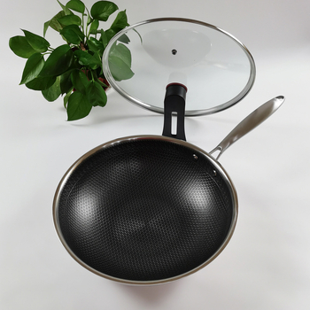 Wok z nehrdzavejúcej ocele 316 s trojvrstvovým dnom, povrch s textúrou medových buniek proti pripáleniu, sklenená pokrievka, 2,4 kg