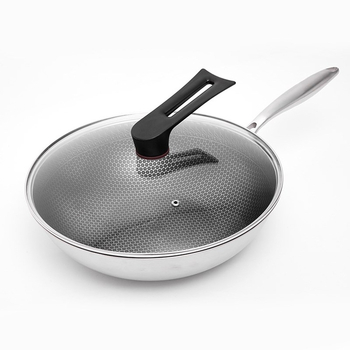 Wok z nehrdzavejúcej ocele 316 s trojvrstvovým dnom, povrch s textúrou medových buniek proti pripáleniu, sklenená pokrievka, 2,4 kg
