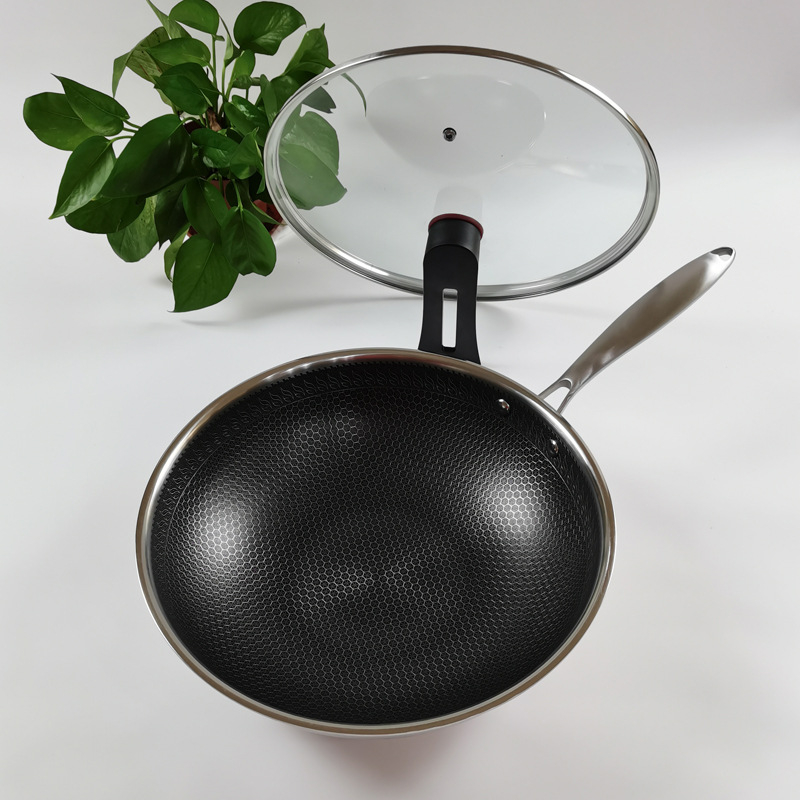 Wok z nehrdzavejúcej ocele 316 s trojvrstvovým dnom, povrch s textúrou medových buniek proti pripáleniu, sklenená pokrievka, 2,4 kg