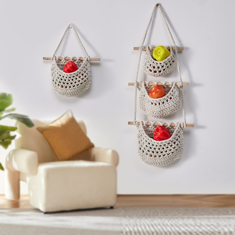 Kuchynský gobelín na zavesenie na uskladnenie ovocia a zeleniny, sieťový vreckový košík, bohémsky štýl, ručne pletený, obdĺžnikový tvar, jednotný vzor, odnímateľný