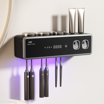 Inteligentný držiak na zubné kefky s UV sterilizáciou, montáž prísavkou, sušenie a skladovanie, plast