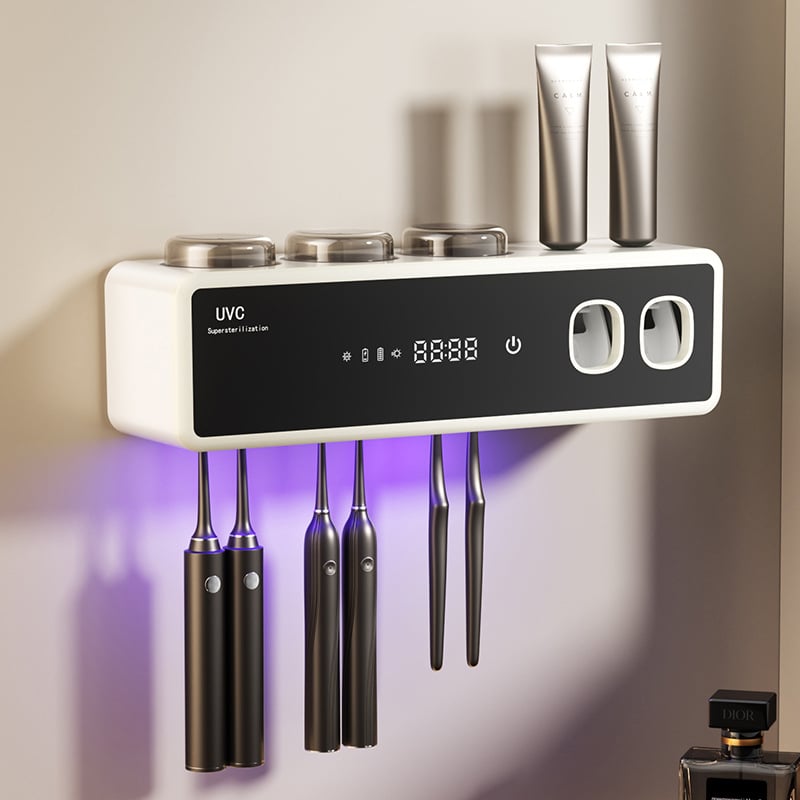 Inteligentný držiak na zubné kefky s UV sterilizáciou, montáž prísavkou, sušenie a skladovanie, plast