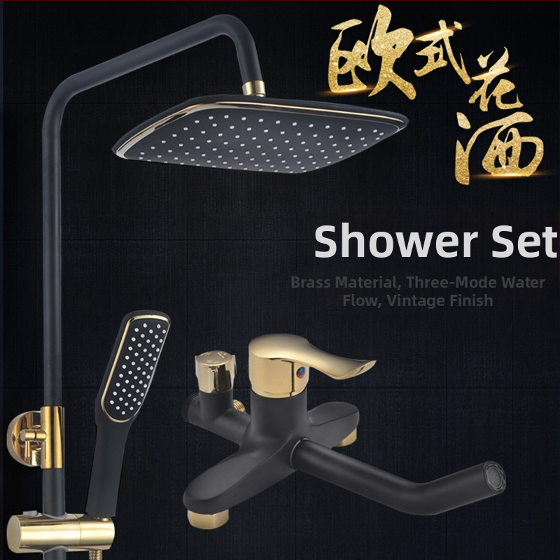 Meďový sprchový set v európskom starožitnom štýle, nástenná montáž, s funkciami postrekovania, sprcha a dážď, povrch s vypaľovaným náterom, prevádzková teplota do 90°C