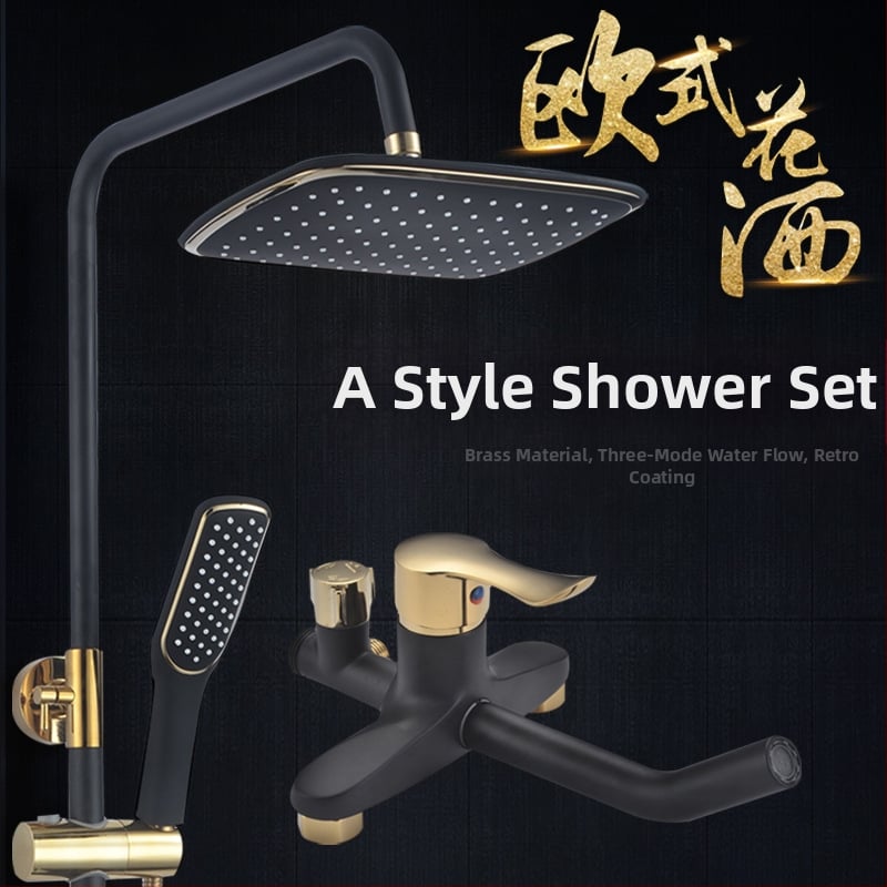 Meďový sprchový set v európskom starožitnom štýle, nástenná montáž, s funkciami postrekovania, sprcha a dážď, povrch s vypaľovaným náterom, prevádzková teplota do 90°C