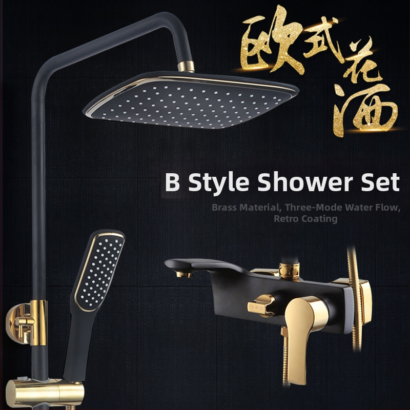 Meďový sprchový set v európskom starožitnom štýle, nástenná montáž, s funkciami postrekovania, sprcha a dážď, povrch s vypaľovaným náterom, prevádzková teplota do 90°C