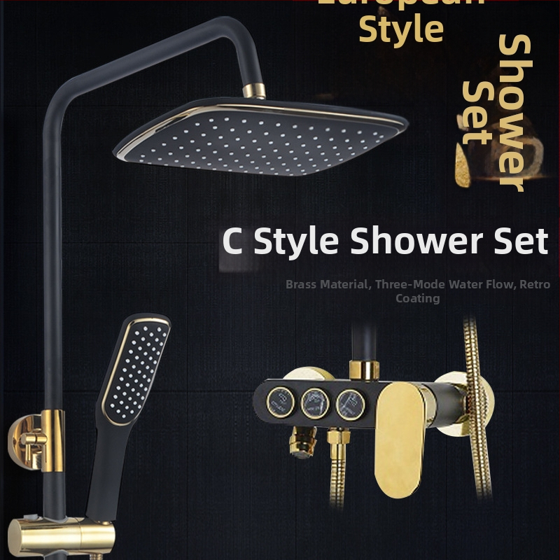 Meďový sprchový set v európskom starožitnom štýle, nástenná montáž, s funkciami postrekovania, sprcha a dážď, povrch s vypaľovaným náterom, prevádzková teplota do 90°C