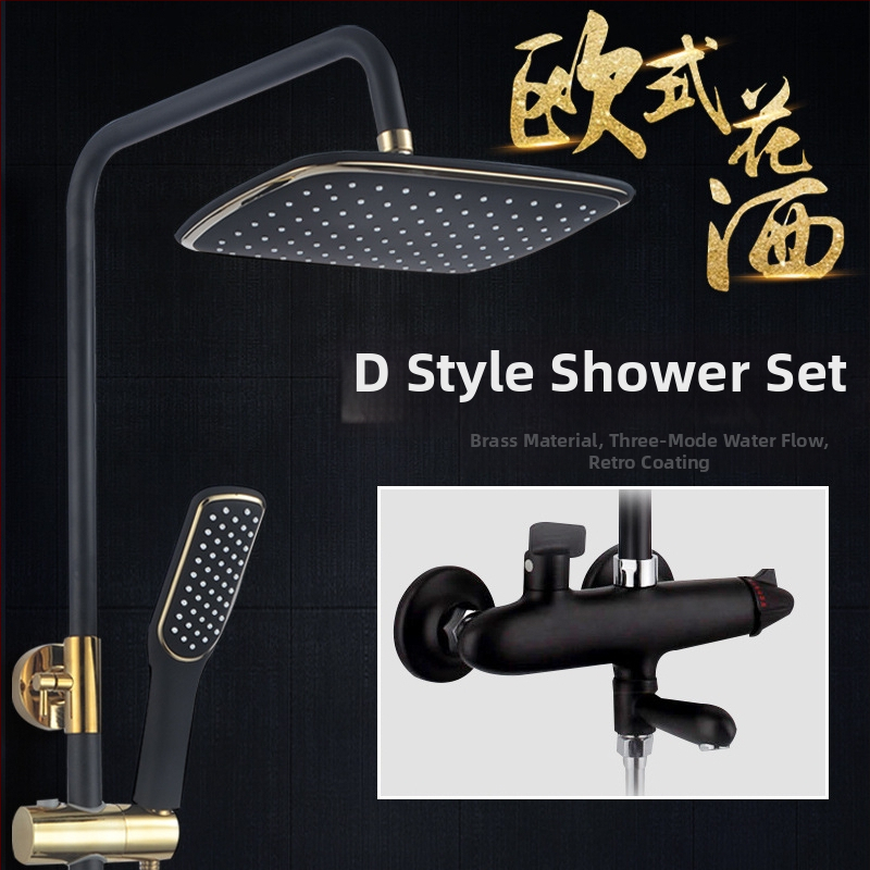 Meďový sprchový set v európskom starožitnom štýle, nástenná montáž, s funkciami postrekovania, sprcha a dážď, povrch s vypaľovaným náterom, prevádzková teplota do 90°C