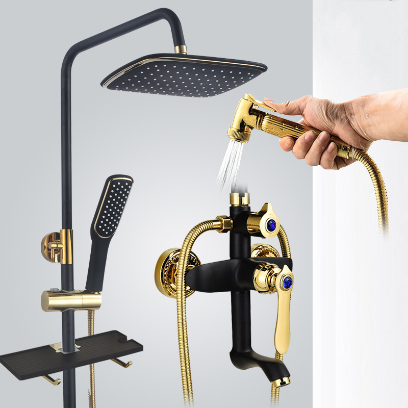 Meďový sprchový set v európskom starožitnom štýle, nástenná montáž, s funkciami postrekovania, sprcha a dážď, povrch s vypaľovaným náterom, prevádzková teplota do 90°C