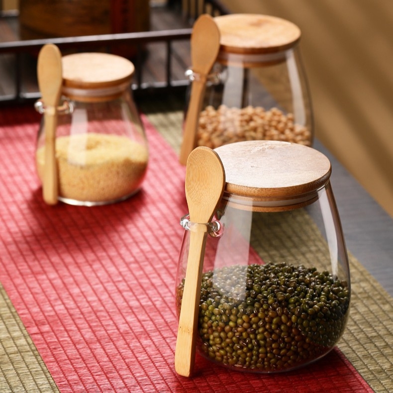 Sklenená nádoba na uskladnenie so drevenou lyžicou, guľatá, hermetický uzáver, viaceré objemy