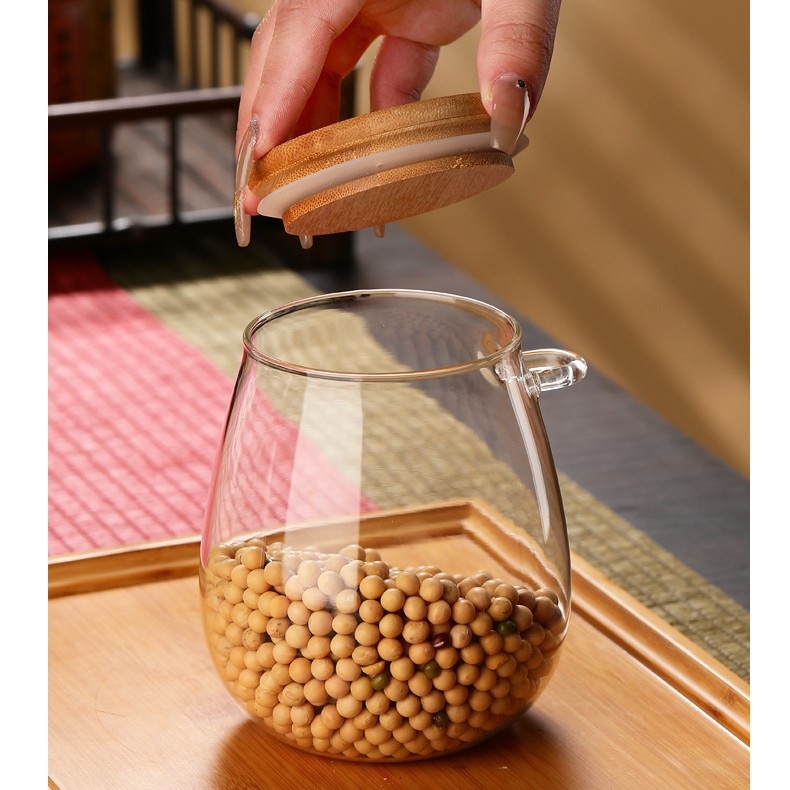 Sklenená nádoba na uskladnenie so drevenou lyžicou, guľatá, hermetický uzáver, viaceré objemy