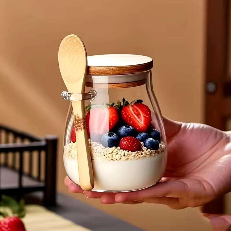 Sklenená nádoba na uskladnenie so drevenou lyžicou, guľatá, hermetický uzáver, viaceré objemy