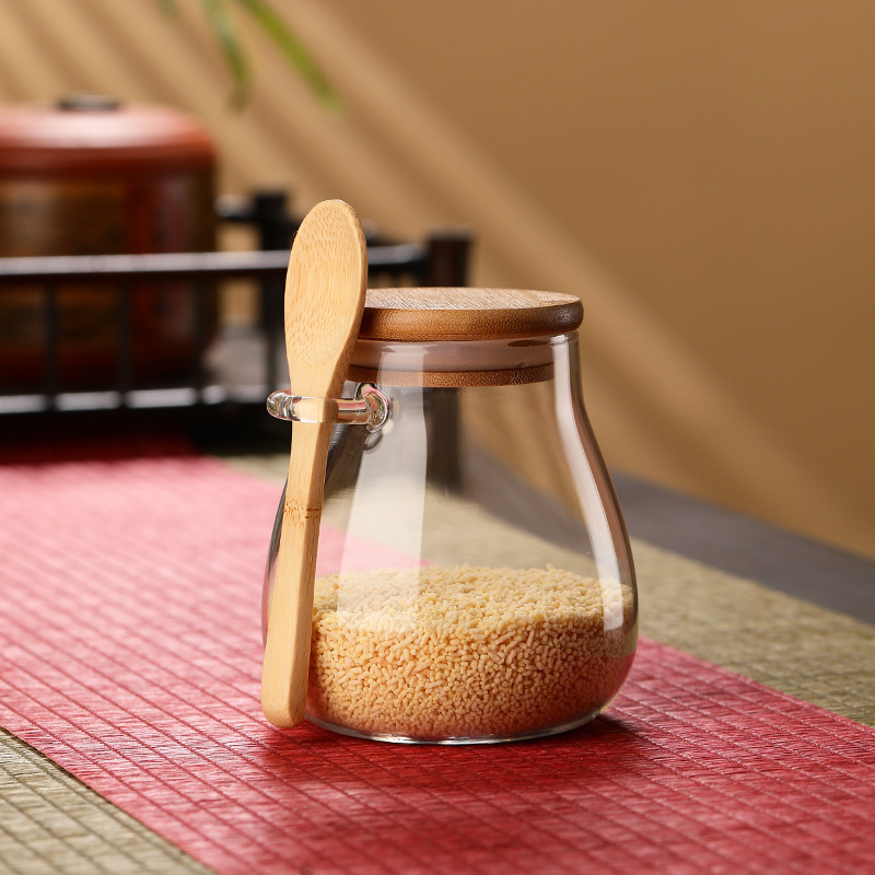 Sklenená nádoba na uskladnenie so drevenou lyžicou, guľatá, hermetický uzáver, viaceré objemy