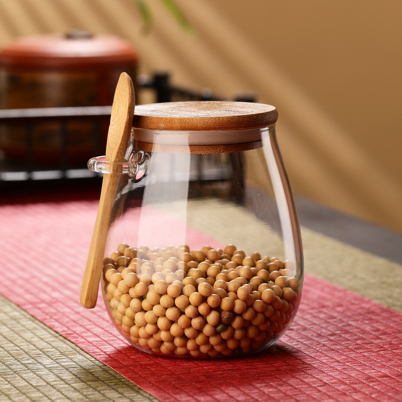 Sklenená nádoba na uskladnenie so drevenou lyžicou, guľatá, hermetický uzáver, viaceré objemy