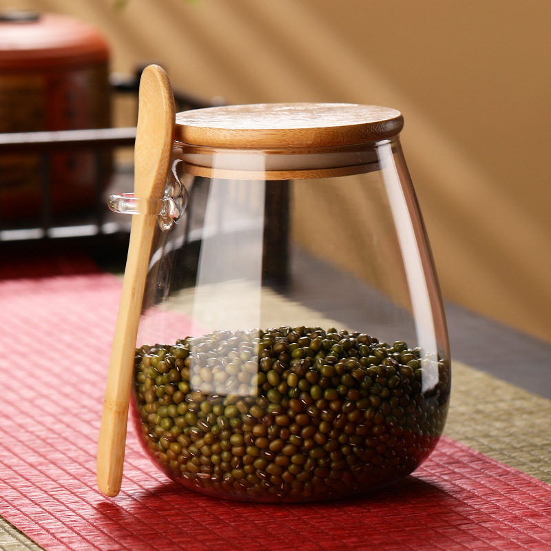 Sklenená nádoba na uskladnenie so drevenou lyžicou, guľatá, hermetický uzáver, viaceré objemy