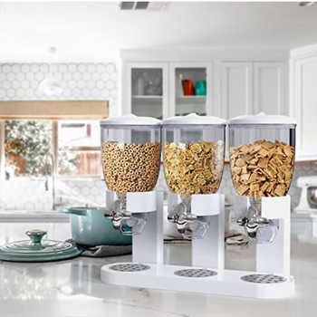 Dávkovač cereálií s tromi komorami, guľatý tvar, hliník 3004, kapacita 1–2 L, moderný minimalistický štýl, potlač loga, prispôsobenie k dispozícii