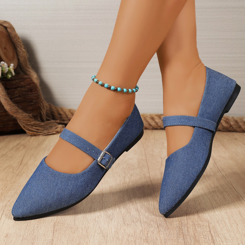 Prancūziško stiliaus Mary Jane bateliai su plokščiu padu, vienu dirželiu su sagtimi, smailus pirštas, drobės viršus, kasdieniai moterų batai