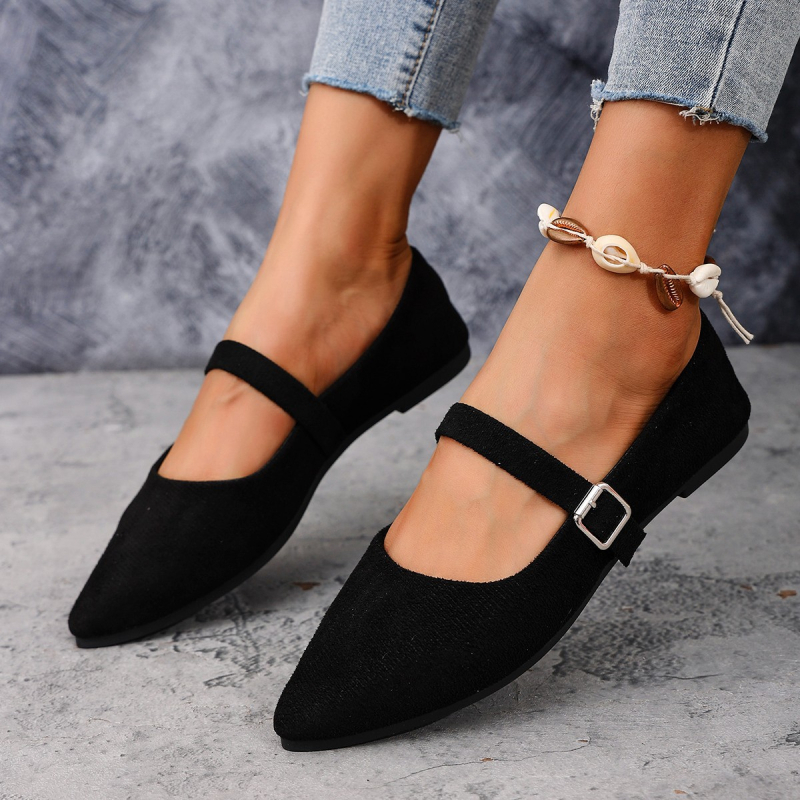 Prancūziško stiliaus Mary Jane bateliai su plokščiu padu, vienu dirželiu su sagtimi, smailus pirštas, drobės viršus, kasdieniai moterų batai