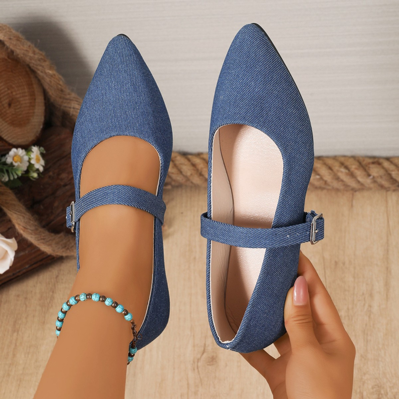 Prancūziško stiliaus Mary Jane bateliai su plokščiu padu, vienu dirželiu su sagtimi, smailus pirštas, drobės viršus, kasdieniai moterų batai