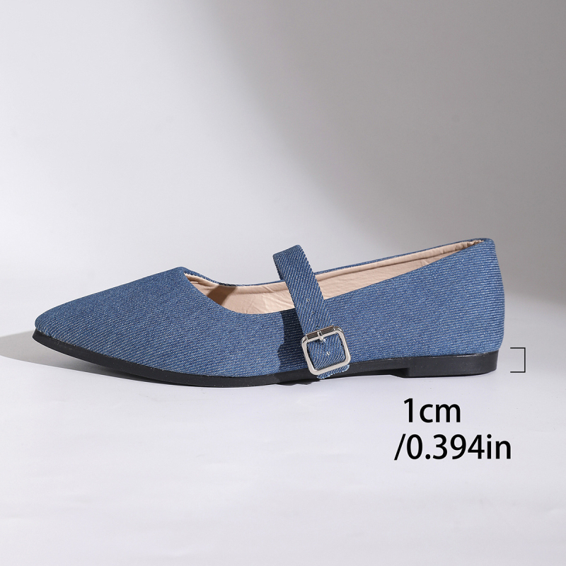 Prancūziško stiliaus Mary Jane bateliai su plokščiu padu, vienu dirželiu su sagtimi, smailus pirštas, drobės viršus, kasdieniai moterų batai
