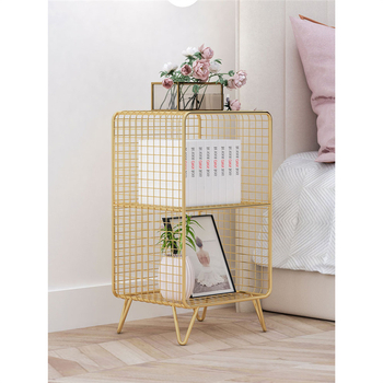 Kovový nočný stolík s mrežovým úložným priestorom pre spálňu, vrchný diel zo bridlice – multifunkčné, vyžaduje zostavenie