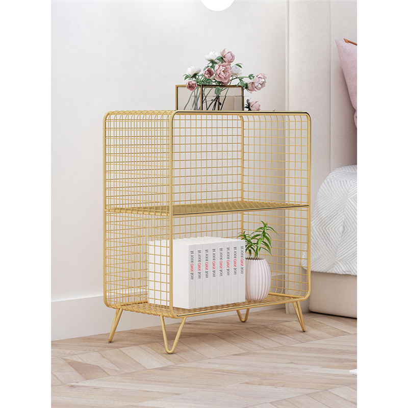 Kovový nočný stolík s mrežovým úložným priestorom pre spálňu, vrchný diel zo bridlice – multifunkčné, vyžaduje zostavenie