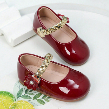 Pantofi balerini fete, design floare țesut, Velcro, partea superioară microfibră, talpă din cauciuc, căptușire PU, finisaj Lacuit