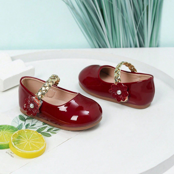 Pantofi balerini fete, design floare țesut, Velcro, partea superioară microfibră, talpă din cauciuc, căptușire PU, finisaj Lacuit