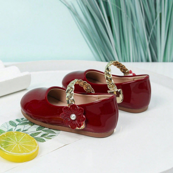 Pantofi balerini fete, design floare țesut, Velcro, partea superioară microfibră, talpă din cauciuc, căptușire PU, finisaj Lacuit