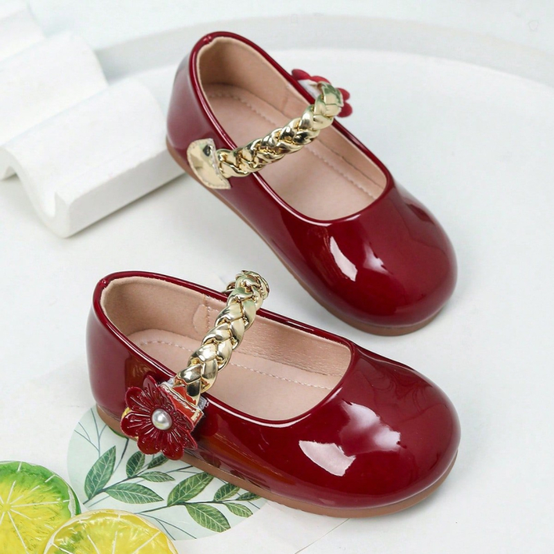 Pantofi balerini fete, design floare țesut, Velcro, partea superioară microfibră, talpă din cauciuc, căptușire PU, finisaj Lacuit