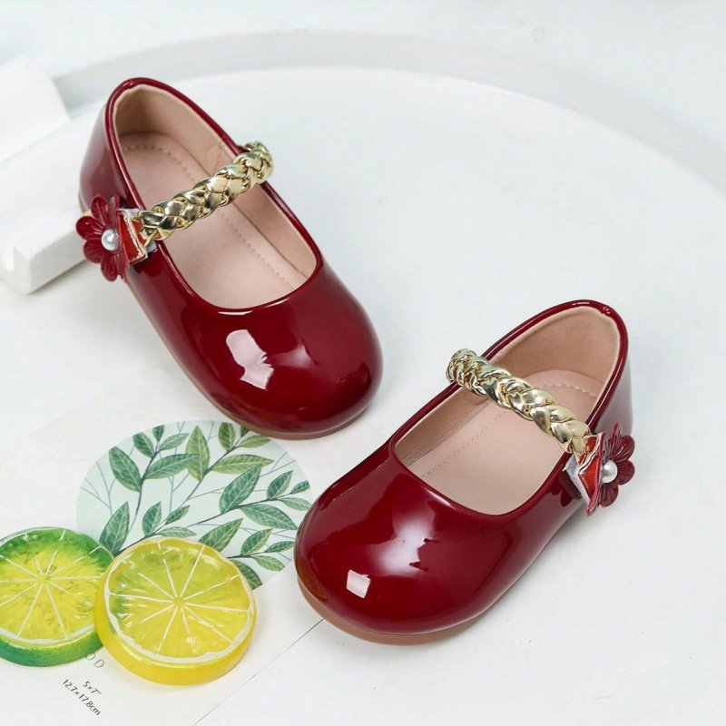 Pantofi balerini fete, design floare țesut, Velcro, partea superioară microfibră, talpă din cauciuc, căptușire PU, finisaj Lacuit