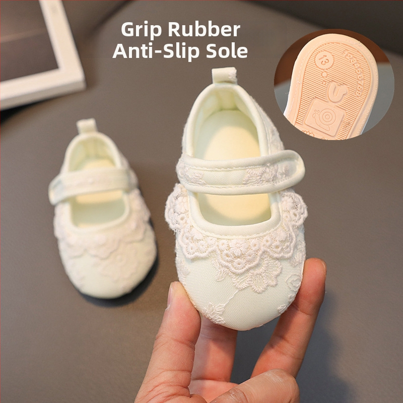 Princezné topánky pre bábätká, gumová podrážka, vrchná časť z bavlneného tkaniva, stielka z textilu, zapínanie na suchý zips, vek 6–12 mesiacov